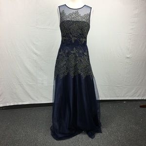 Tahari Navy Floral Metallic Tulle Formal Dress